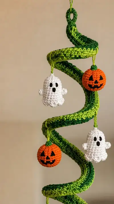 Spiraling Halloween Garland with Ghosts & Pumpkins Amigurumi Pattern step 2 - assembly progress