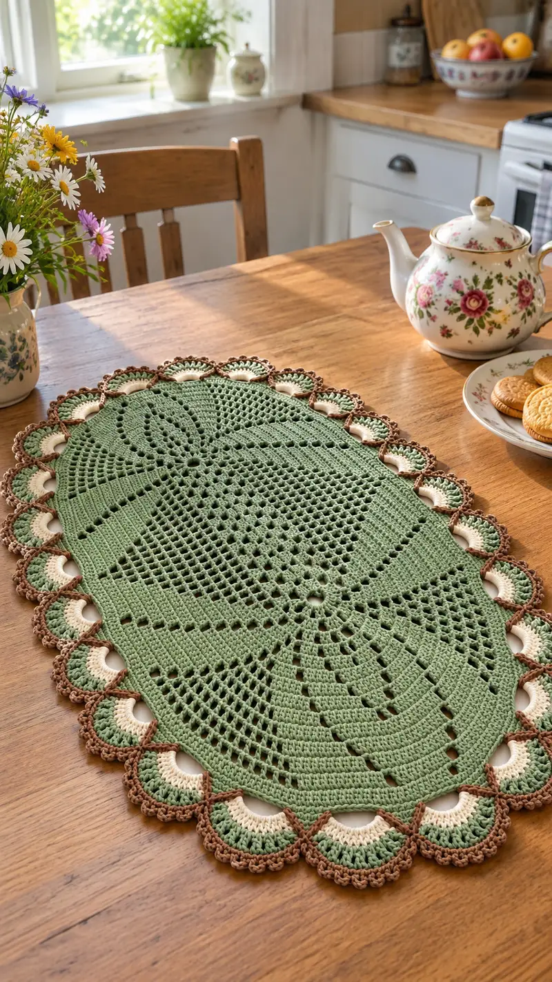 Vintage Oval Table Runner with Scalloped Edge Pattern crochet pattern - detailed view of completed project