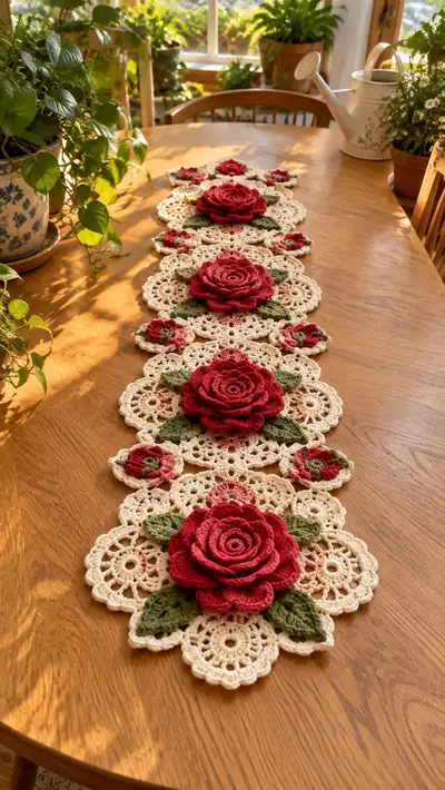 Deep Red Rose Crochet Lace Table Runner Pattern step 1 - construction progress