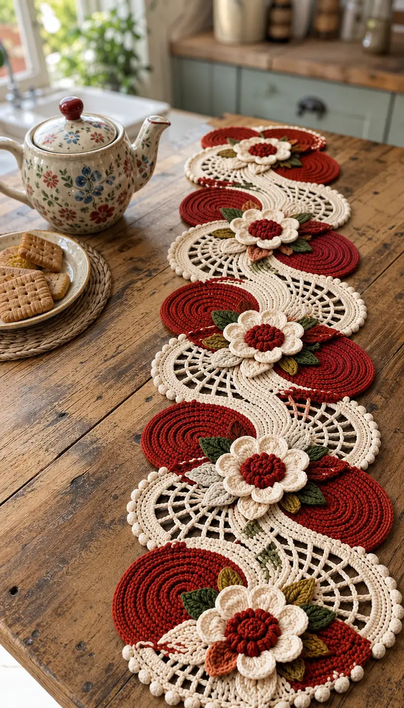 Autumn Floral Table Runner Crochet Pattern crochet pattern - detailed view of completed project