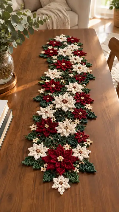 Red Cream Poinsettia Table Runner Pattern step 1 - construction progress