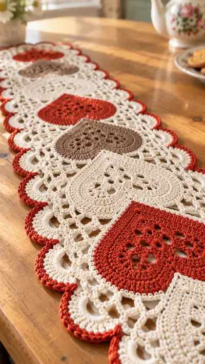 Hearts & Lace Table Runner Pattern step 2 - assembly progress