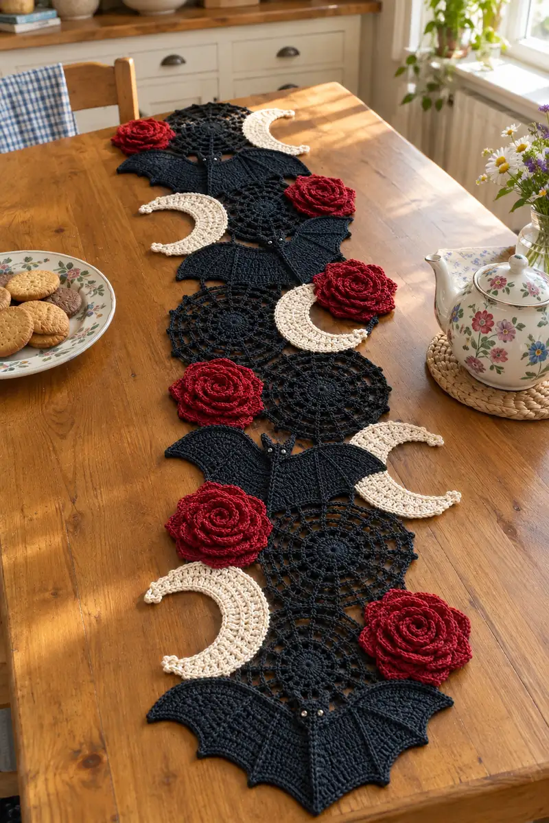 Vampire Bat and Red Rose Gothic Table Runner Pattern crochet pattern - detailed view of completed project