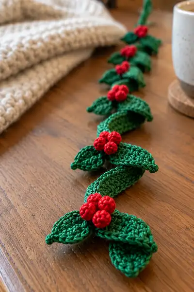 Berry Holly Spiral Christmas Garland Pattern step 2 - assembly progress