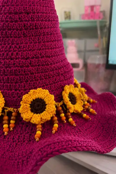 Big Magenta Spiral Witch Hat with Sunflower Band Pattern step 2 - assembly progress