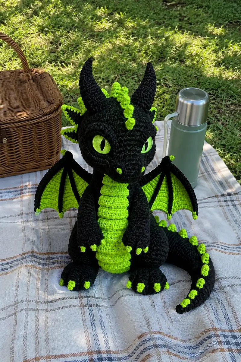 Free crochet pattern: Spooky Neon Green Dragon Amigurumi Pattern - Advanced level tutorial