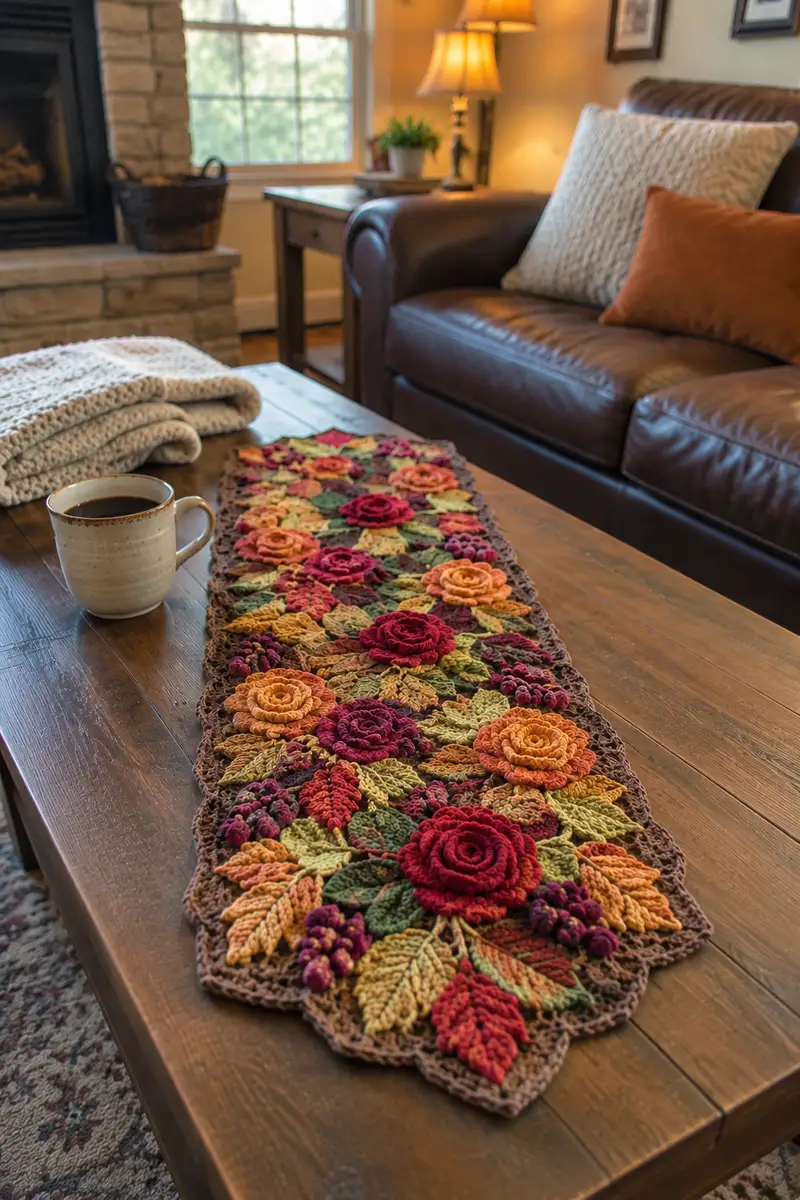 Autumn Rose and Berry Cascade Table Runner Pattern crochet pattern - detailed view of completed project