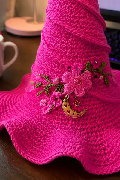 Spiral Halloween Girly Pink Witch Hat Pattern step 2 - assembly progress