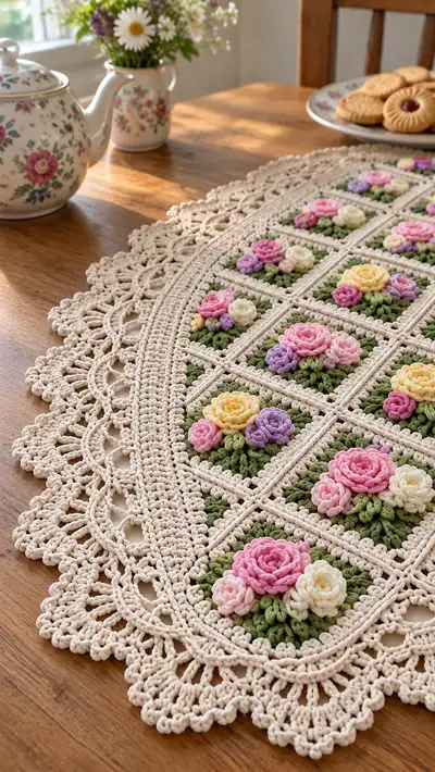 Vintage Floral Crochet Table Runner Pattern step 2 - assembly progress