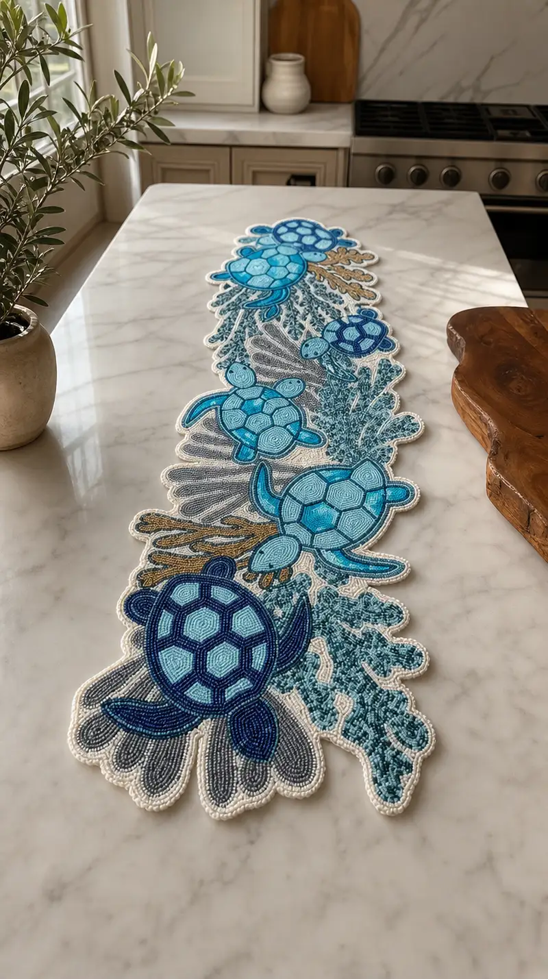 Ocean Turtle Table Runner Pattern crochet pattern - detailed view of completed project