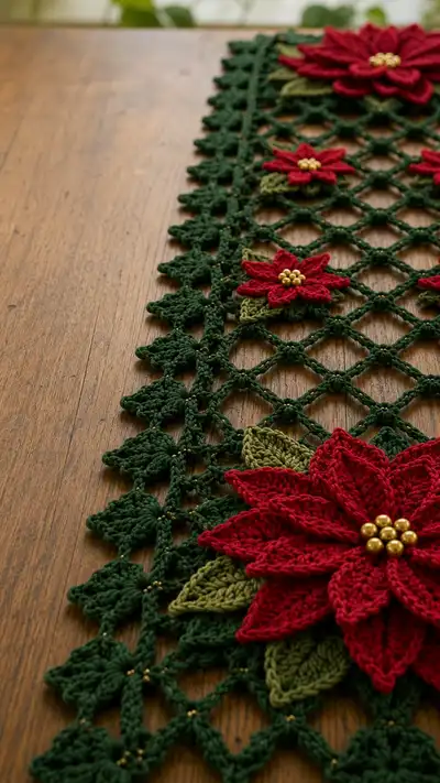 Elegant Poinsettia Table Runner Pattern step 2 - assembly progress