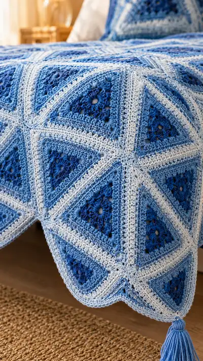 Denim Triangle Granny Bedspread Pattern step 2 - assembly progress