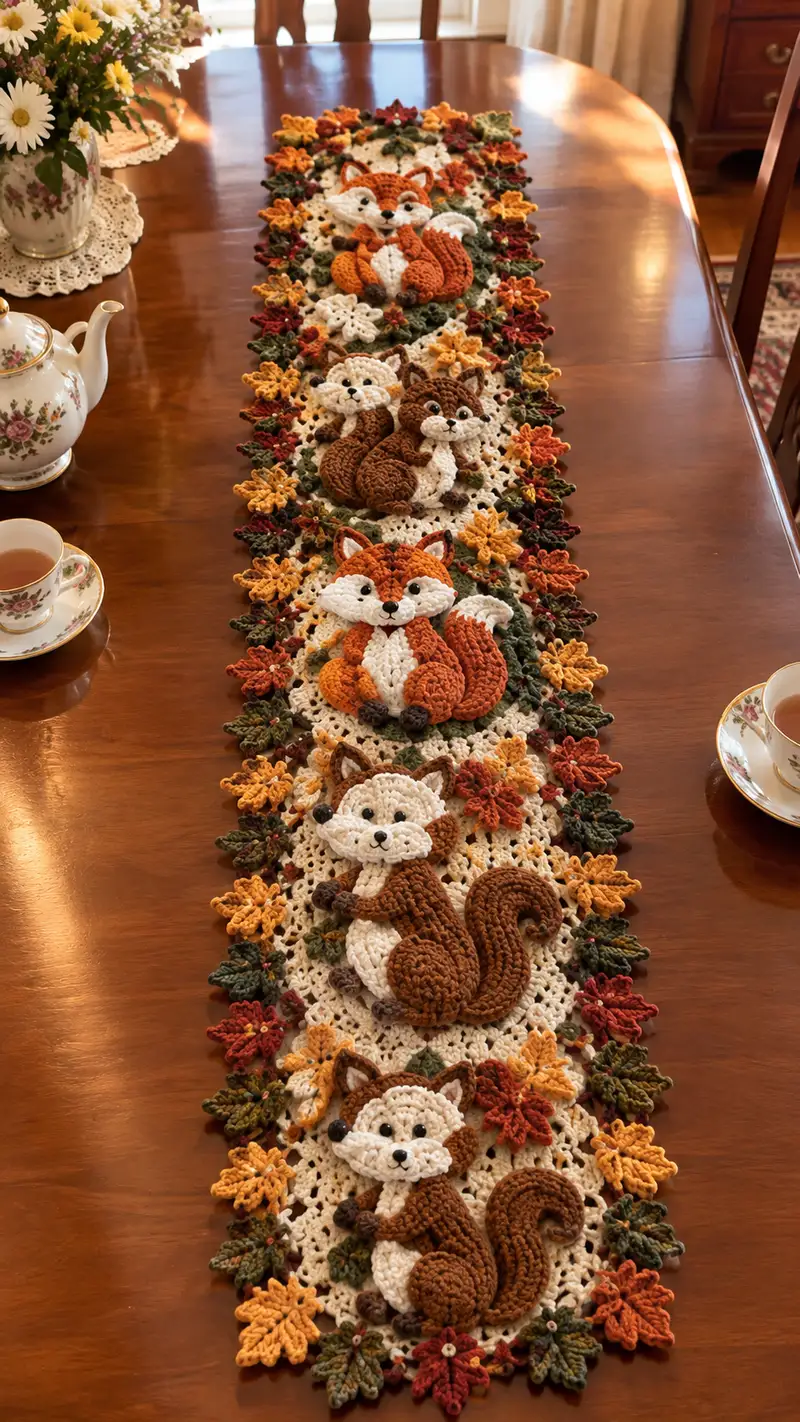 Pumpkin Orange Chestnut Brown Fox Table Runner Pattern crochet pattern - detailed view of completed project