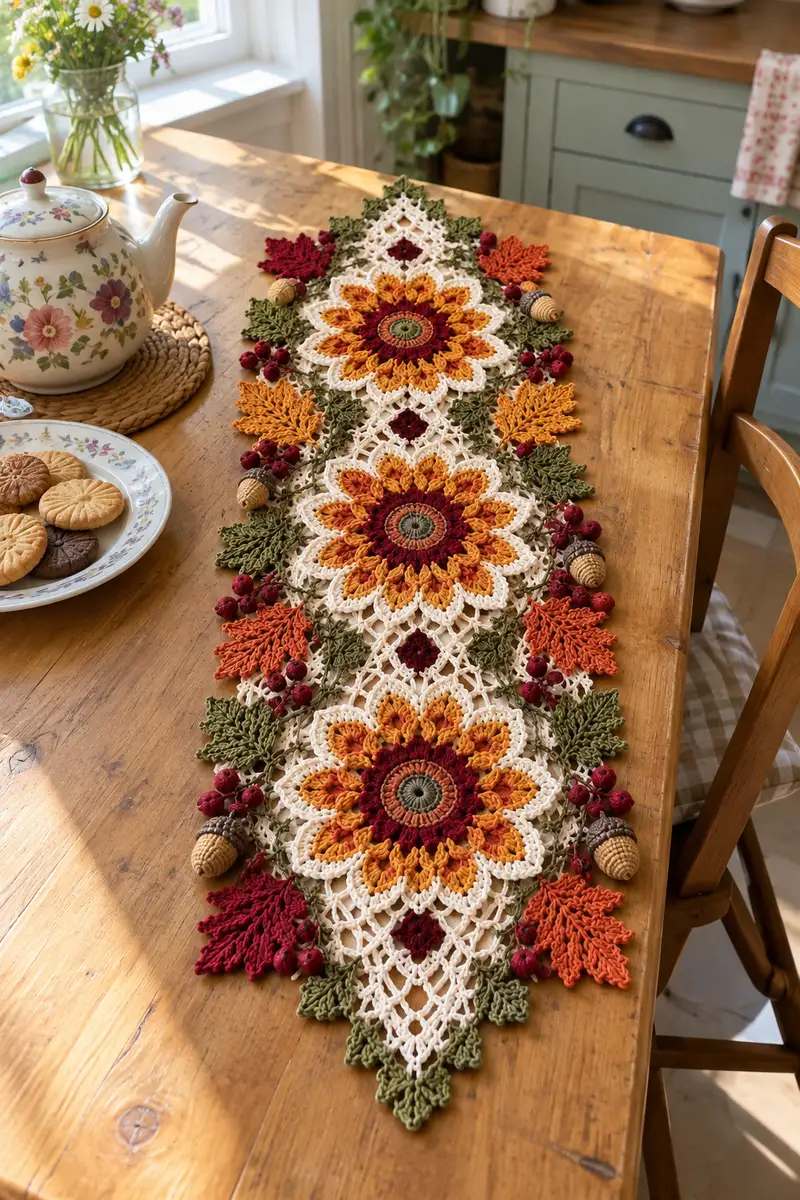 Harvest Sunflower Table Runner Pattern crochet pattern - detailed view of completed project