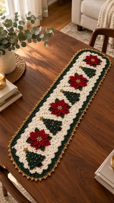 Festive Poinsettia & Tree Table Runner Pattern step 1 - construction progress