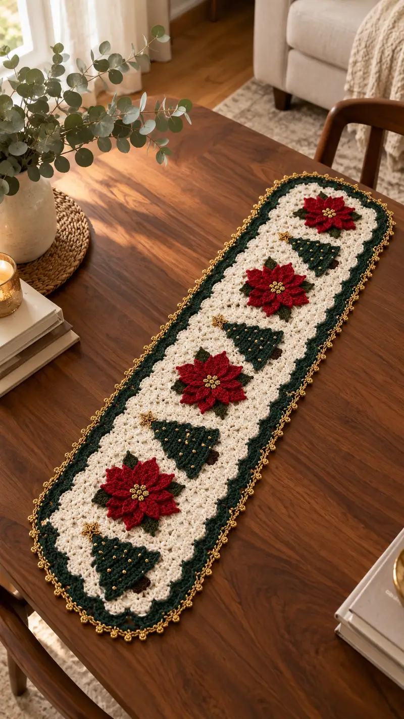 Festive Poinsettia & Tree Table Runner Pattern crochet pattern - detailed view of completed project