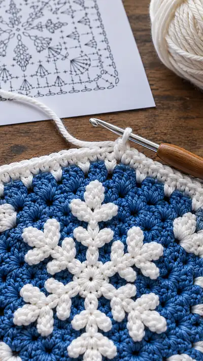 Snowflake Square Motif Pattern step 2 - assembly progress