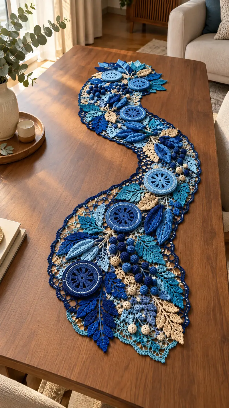 S-Shaped Blue Botanical Table Runner Pattern crochet pattern - detailed view of completed project
