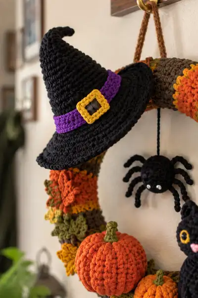 Spooky Wreath with Witch Hat Black Cat and Spider Amigurumi Pattern step 2 - assembly progress