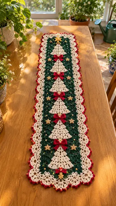 Cream And Forest Green Christmas Tree Table Runner Pattern step 1 - construction progress