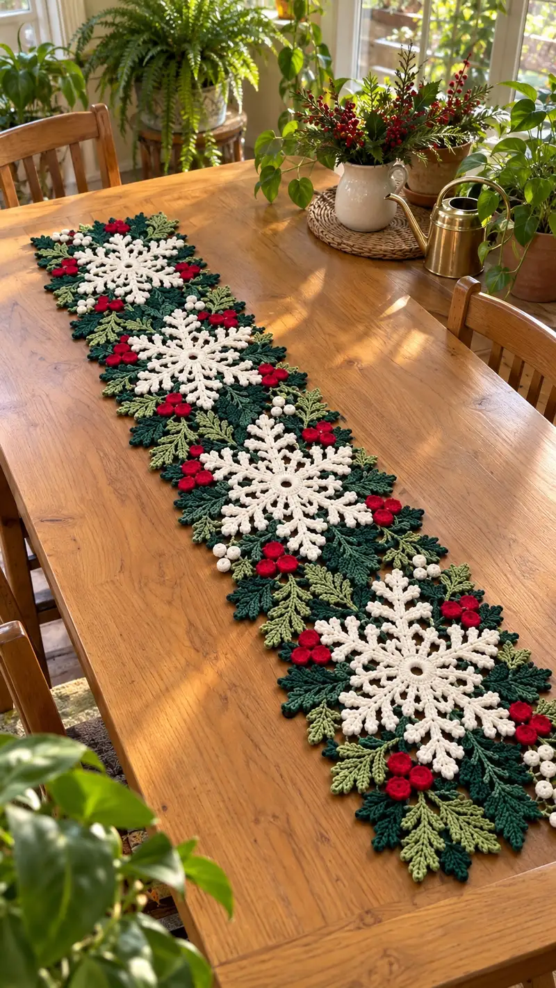 Festive Snowflake Table Runner Pattern crochet pattern - detailed view of completed project