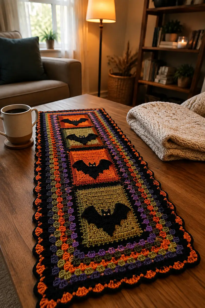Halloween Granny Stripe and Square Table Runner Pattern crochet pattern - detailed view of completed project