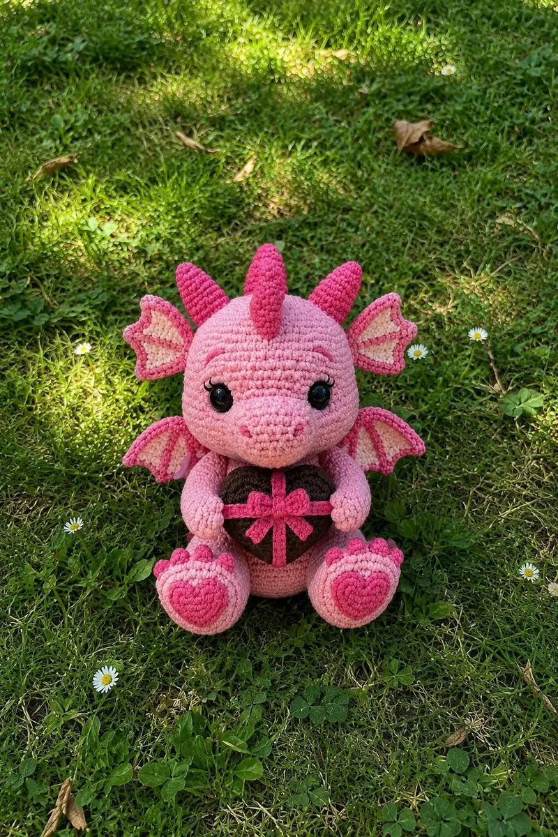 Big Candy Pink Love Dragon Holding a Chocolate Heart Box Amigurumi Pattern crochet pattern - detailed view of completed project
