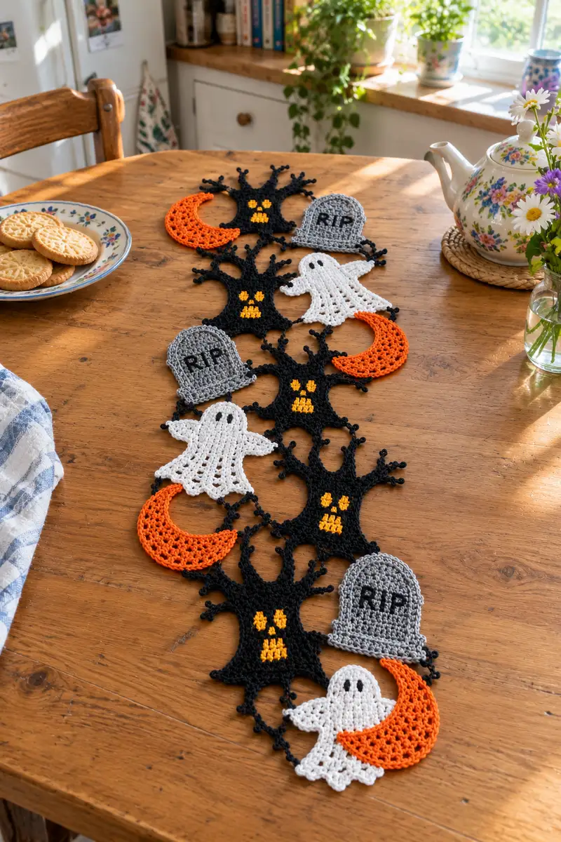 Haunted Tree and Tombstone Halloween Table Runner Pattern crochet pattern - detailed view of completed project