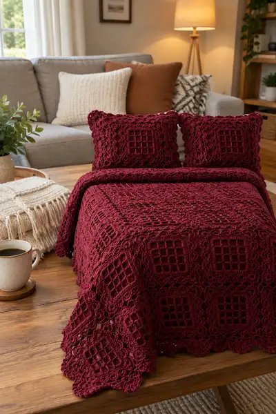 Burgundy Lace Bedspread Pattern step 2 - assembly progress
