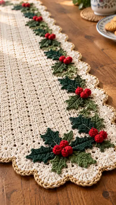 Festive Holly Scallop Table Runner Pattern step 2 - assembly progress