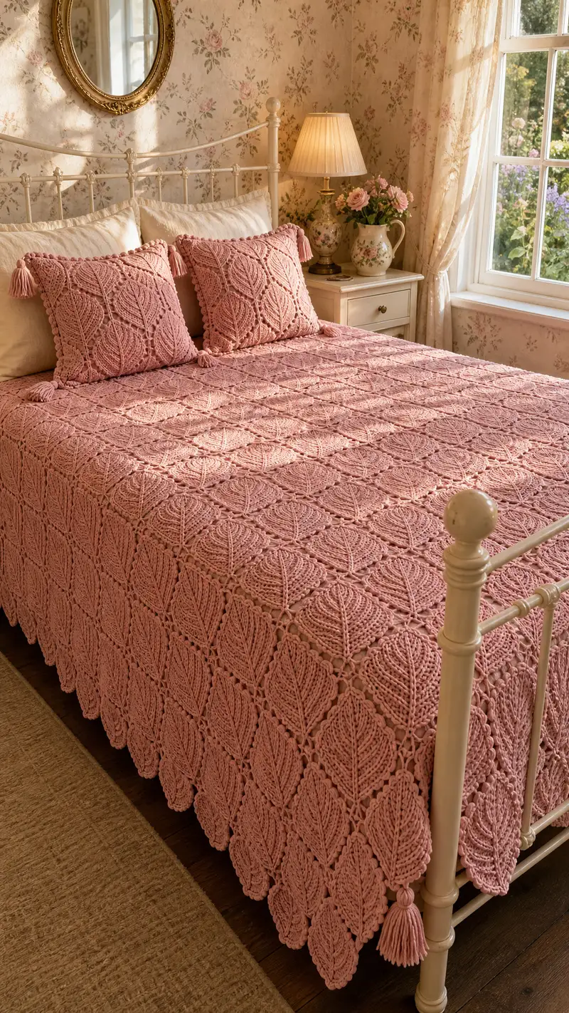 Dusty Rose Leaf Granny Bedspread Pattern crochet pattern - detailed view of completed project