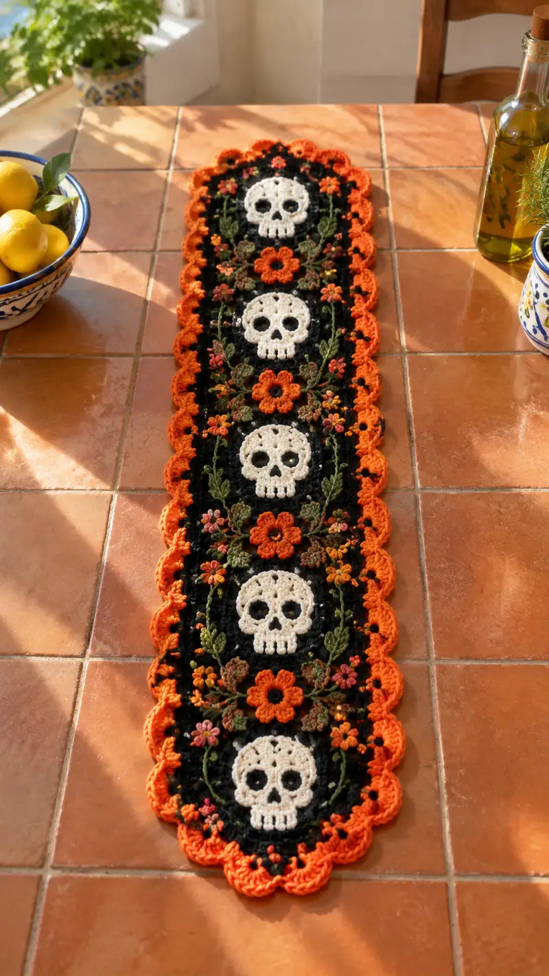Skull & Flowers Table Runner Pattern crochet pattern - detailed view of completed project