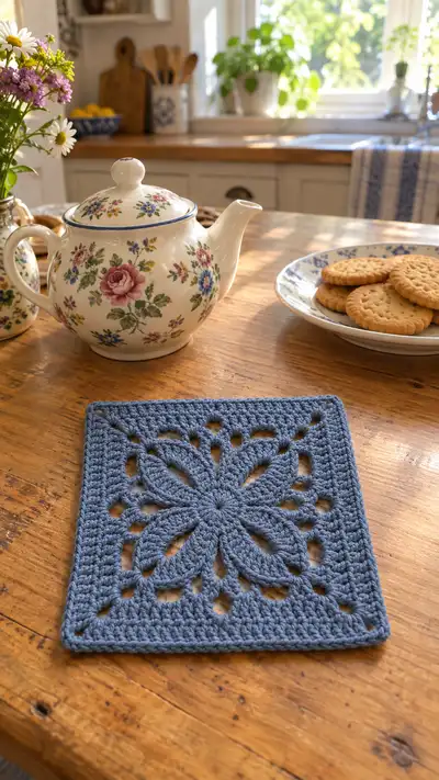 Blue Floral Square Trivet Pattern step 1 - construction progress