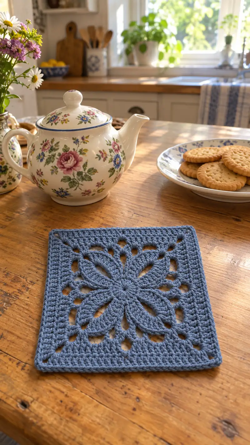 Blue Floral Square Trivet Pattern crochet pattern - detailed view of completed project
