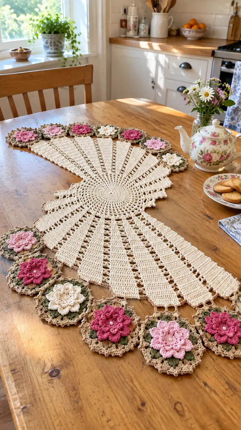 Vintage Floral Fan Table Runner Pattern crochet pattern - detailed view of completed project
