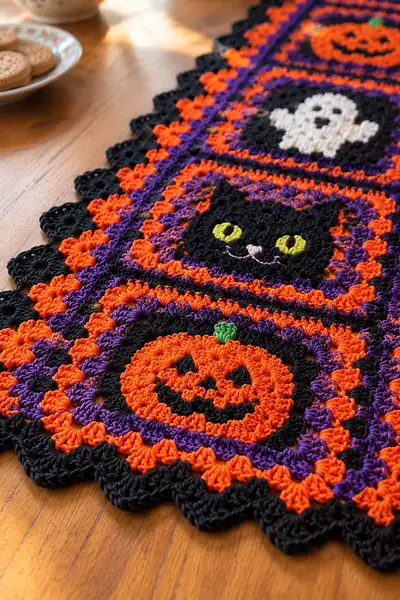 Halloween Granny Square Table Runner Pattern step 2 - assembly progress
