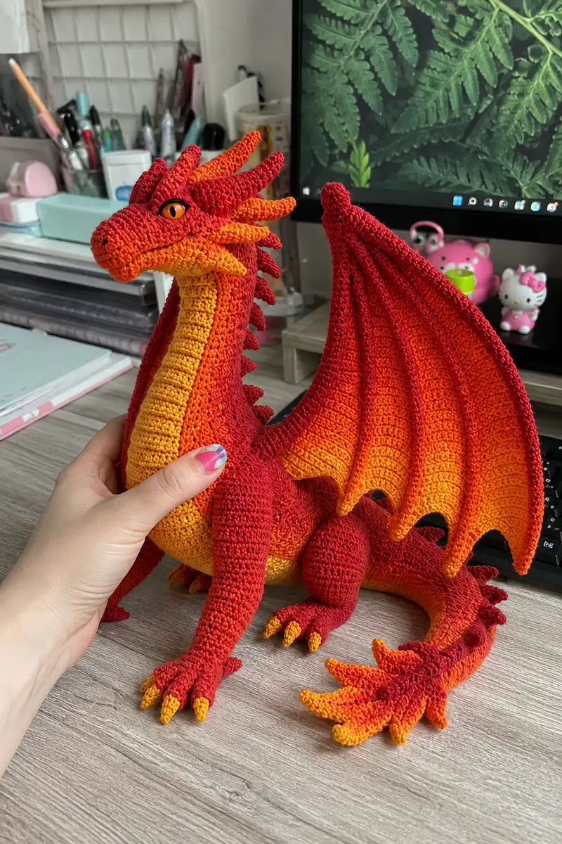 Giant Sunset Ombre Fire Dragon Amigurumi Pattern crochet pattern - detailed view of completed project