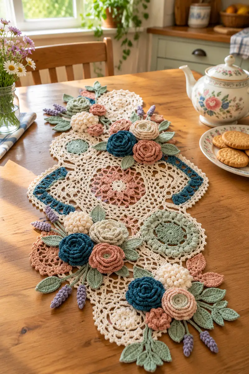 Vintage Floral Table Runner Pattern crochet pattern - detailed view of completed project