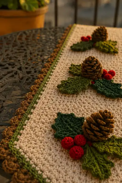 Rustic Pinecone and Holly Christmas Table Runner Pattern step 2 - assembly progress