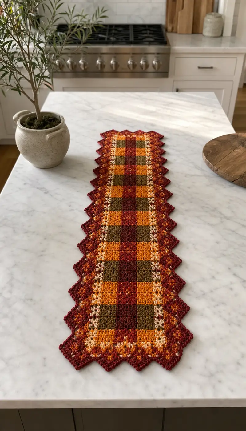Autumn Plaid Table Runner Pattern crochet pattern - detailed view of completed project