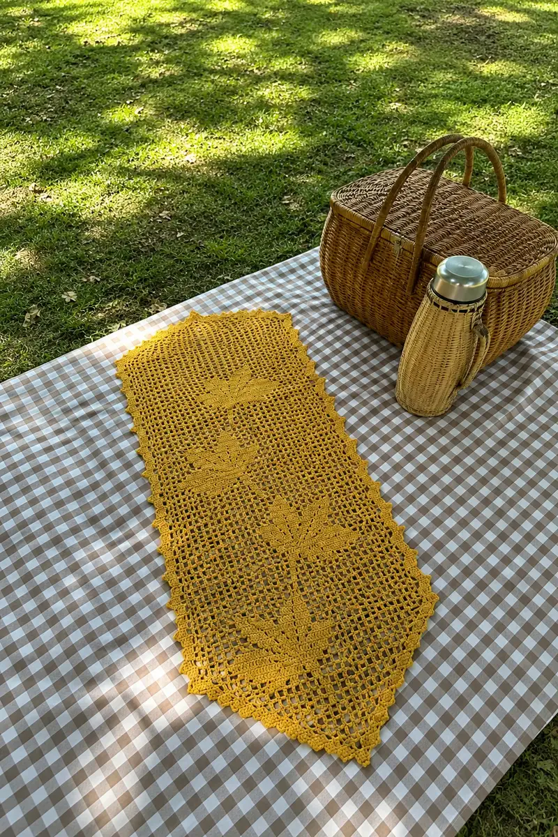 Golden Maple Leaf Filet Table Runner Pattern crochet pattern - detailed view of completed project