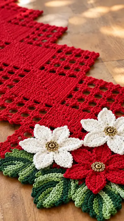 Festive Poinsettia Table Runner Pattern step 2 - assembly progress
