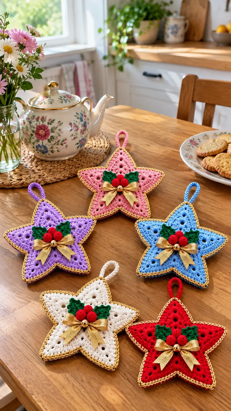 Festive Star Ornament Pattern crochet pattern - detailed view of completed project