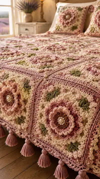Dusty Rose Floral Granny Bedspread Pattern step 2 - assembly progress