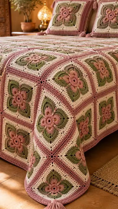 Rose Olive Floral Granny Bedspread Pattern step 2 - assembly progress