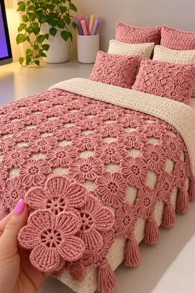Dreamy Floral Romance Bedspread Pattern step 2 - assembly progress