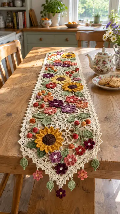 Sunflower & Wildflower Lace Table Runner Pattern step 1 - construction progress