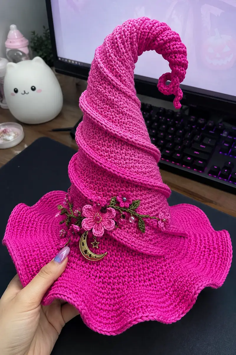 Big Pinky Witch Hat Pattern crochet pattern - detailed view of completed project