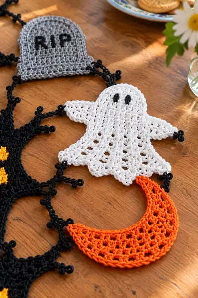 Haunted Tree and Tombstone Halloween Table Runner Pattern step 2 - assembly progress