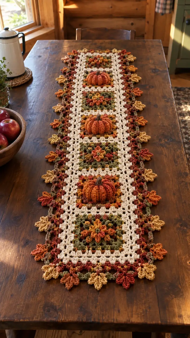 Rust Orange Pumpkin And Leaf Table Runner Pattern crochet pattern - detailed view of completed project